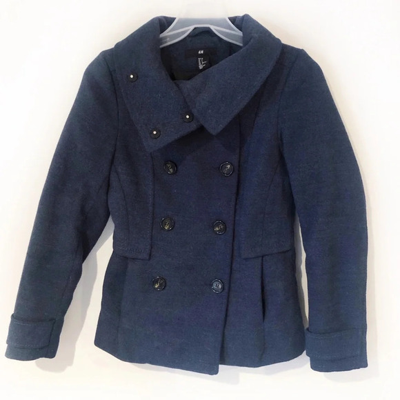 H&M Navy Blue Pea Coat Size 2 Small Blue Button Down Nautical Marine Preppy - Picture 1 of 11